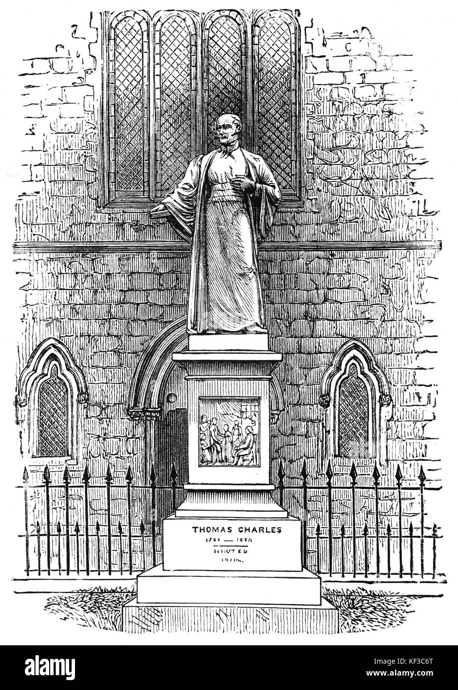 1890: Eine Statue von Thomas Charles (55-2) außerhalb von Capel Tegid, in Bala, Merionethshire, Mid Wales. Er war der walachisch-calvinistische methodistische Geistliche, der die Inspiration hinter der Bibelgesellschaft war. Stockfoto 1890: Eine Statue von Thomas Charles (55-2) außerhalb von Capel Tegid, in Bala, Merionethshire, Mid Wales. Er war der walachisch-calvinistische methodistische Geistliche, der die Inspiration hinter der Bibelgesellschaft war. Stockfoto