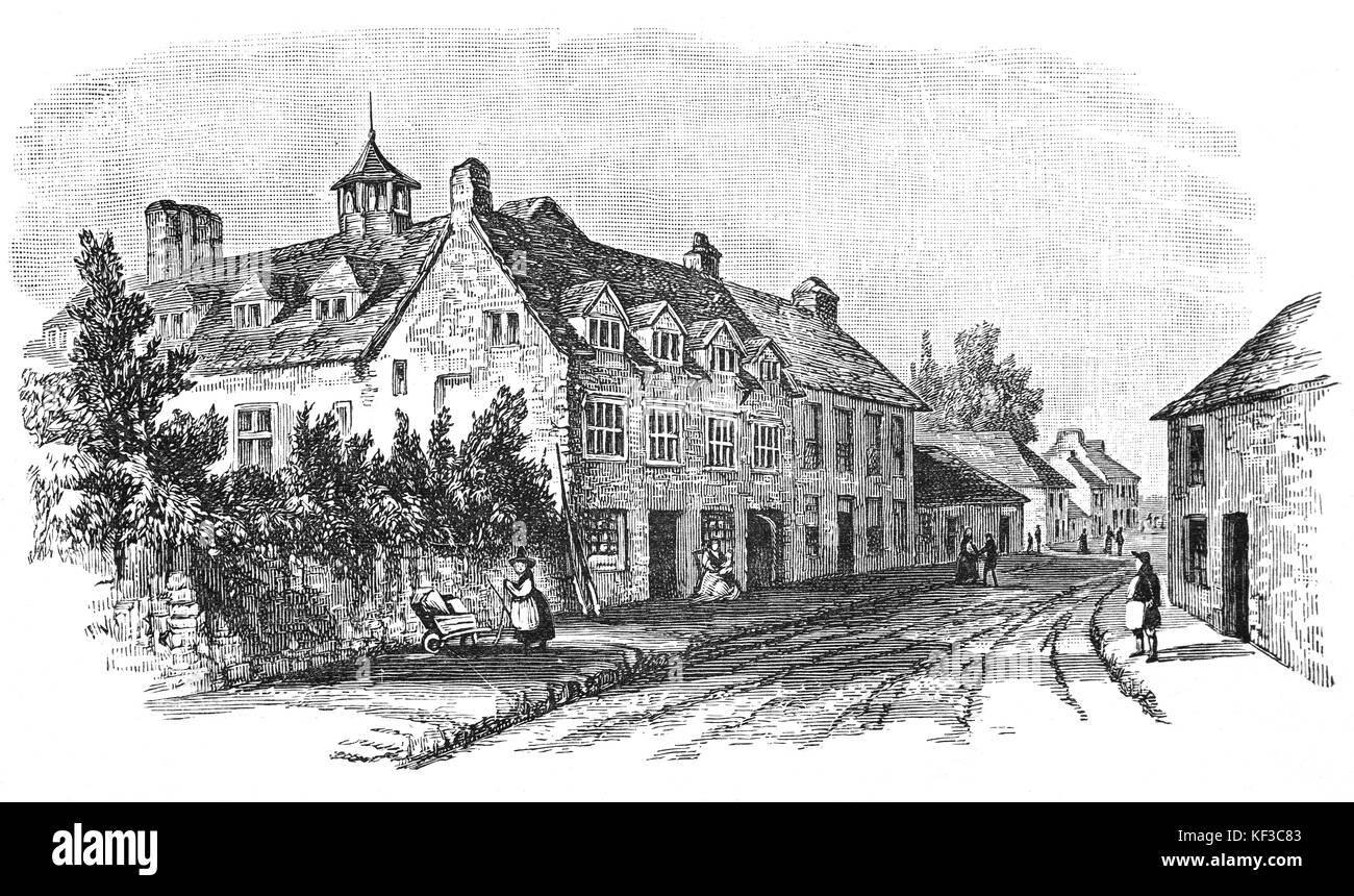 1890: Frau in traditionelle walisische Kostüm in der Nähe des Hauses von Rhys Prichard (1579 - 1644) war ein Walisischer Pfarrer und Dichter. Seine größte Ruhm liegt mit seinem einflussreichen Gedicht Cannwyll y Cymry (' des Welshman Kerze'), eine Sammlung von poetischen Lehren und moralische Anleitung. Llandovery, Carmarthenshire, Wales. Stockfoto