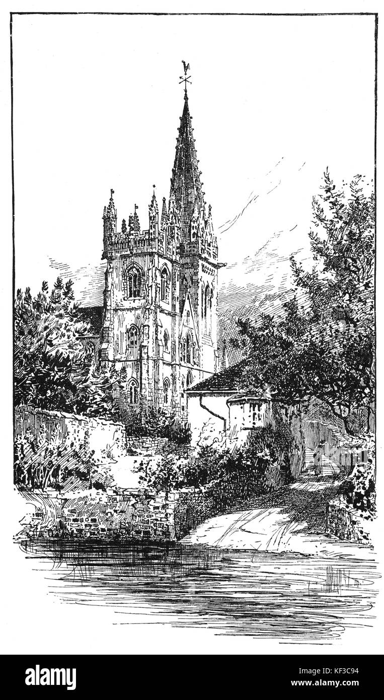 1890: die Kathedrale von Llandaff aus dem 12. Jahrhundert mit Blick auf den Fluss Taff, Cardiff, Wales. Über die Jahre hat er Schaden von beiden Wetter und Krieg gelitten, aber überlebt Stockfoto