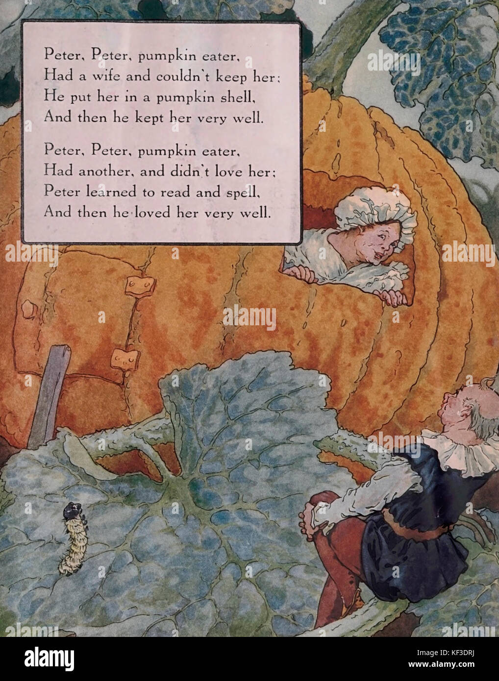 Peter Peter Pumpkin Eater, hatte eine Frau und nicht halten konnte - Mother Goose Kinderlieder Stockfoto