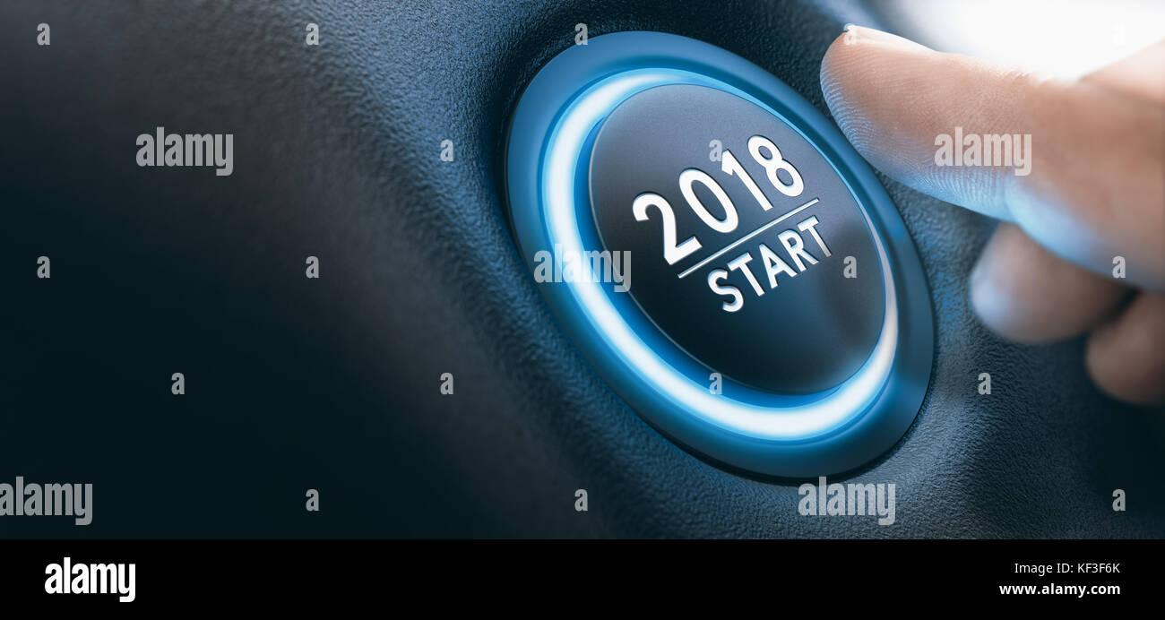 Finger drücken einer 2018 Start. Konzept des neuen Jahres, zwei tausend 18. Zusammengesetzte zwischen Fotografie und 3D-Hintergrund. Bild horizontal Stockfoto