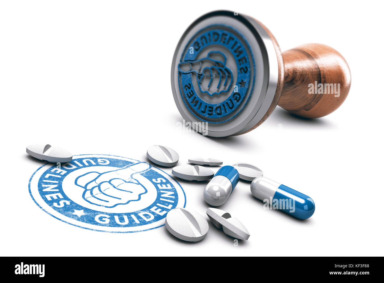 3D-Darstellung der Stempel mit dem Text der Leitlinie und Pillen auf weißen Hintergrund. Konzept der guten pharmazeutischen Praxis. Stockfoto