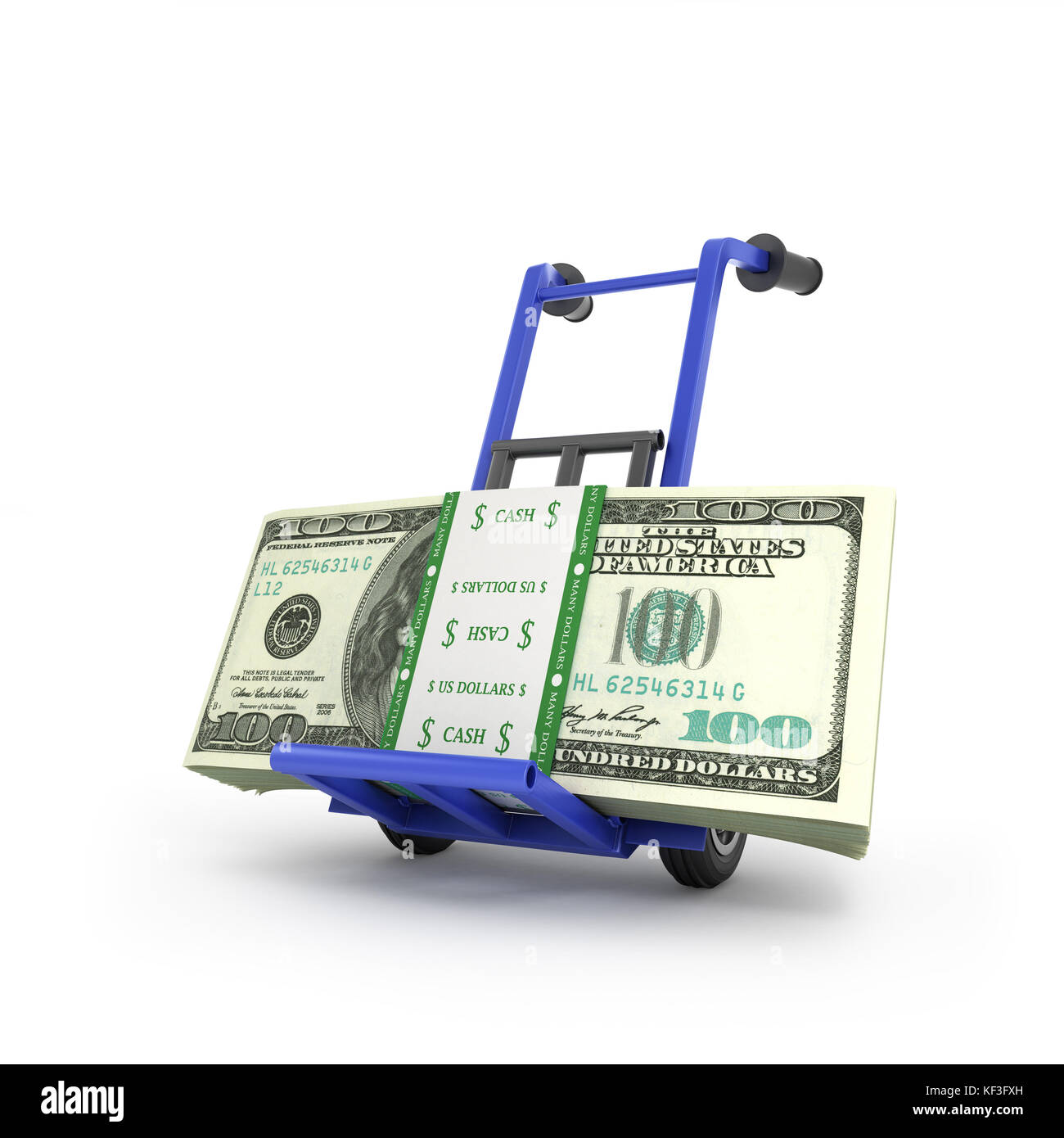 Konzept der cash Transport, Geld Dollarscheine Stapel an Hand Trolley isoliert auf weißem Stockfoto