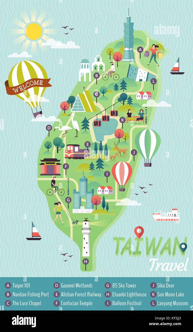 Taiwan Travel Concept Map, berühmte Sehenswürdigkeiten in dieser schönen Insel Stock Vektor