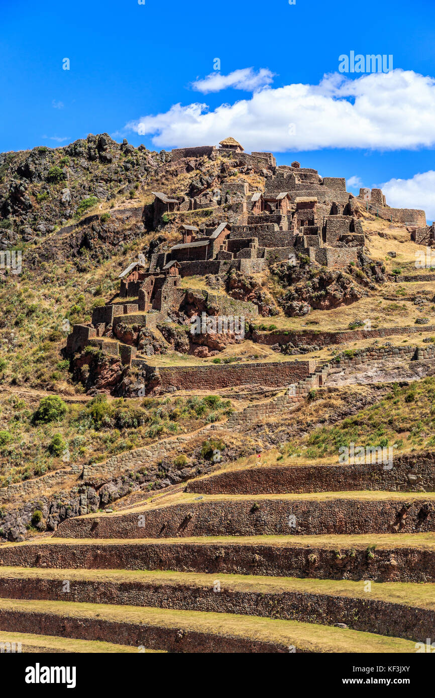 Ruinen der alten Inka Zitadelle mit Terrassen auf dem Berg, Pisac, Peru Stockfoto