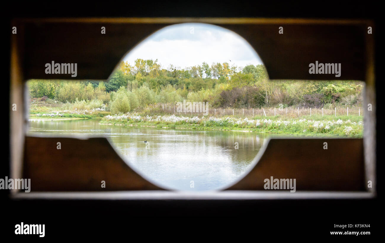 Aussicht von der Vogelbeobachtung Holz- über einem Teich durch eine Öffnung mit einer runden Form geschnitten Hide-out zu Teleobjektive passen. verschwommene Vordergrund (Fenster), shar Stockfoto