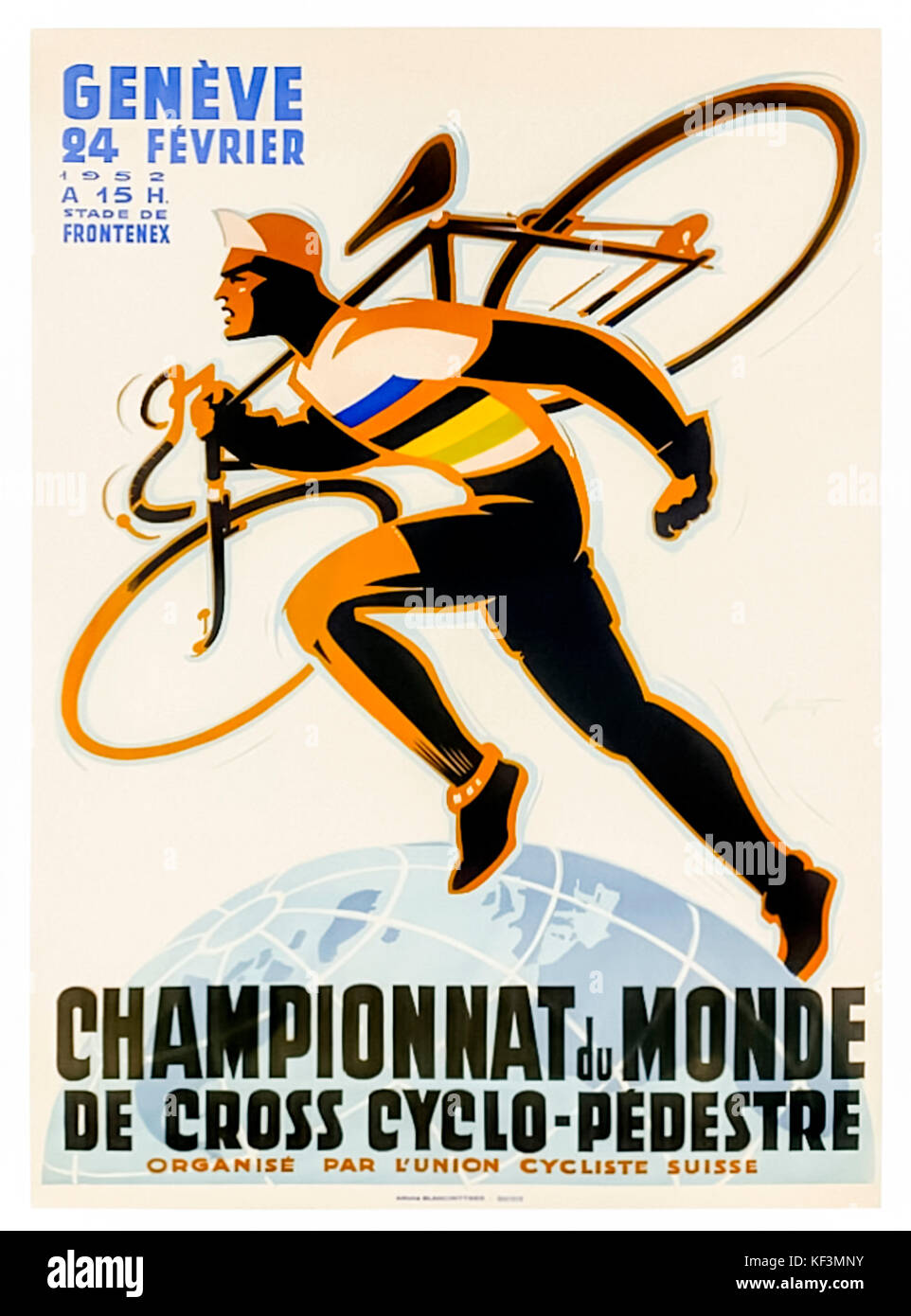 Plakat für die Cyclocross-Weltmeisterschaft 1952 gehaltenen L'Union Cycliste Internationale (UCI) am 24. Februar 1952 in Genf, Schweiz; Design von Noël Fontanet (1898-1982). Stockfoto