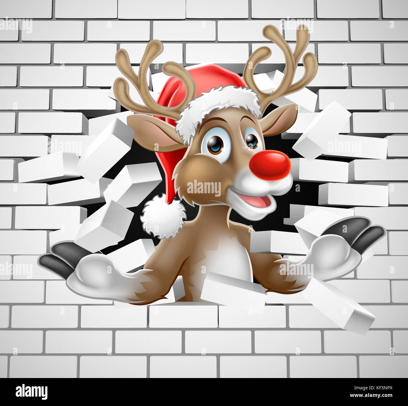 Rentier in Santa hat Cartoon Breaking Brick Wall Stock Vektor