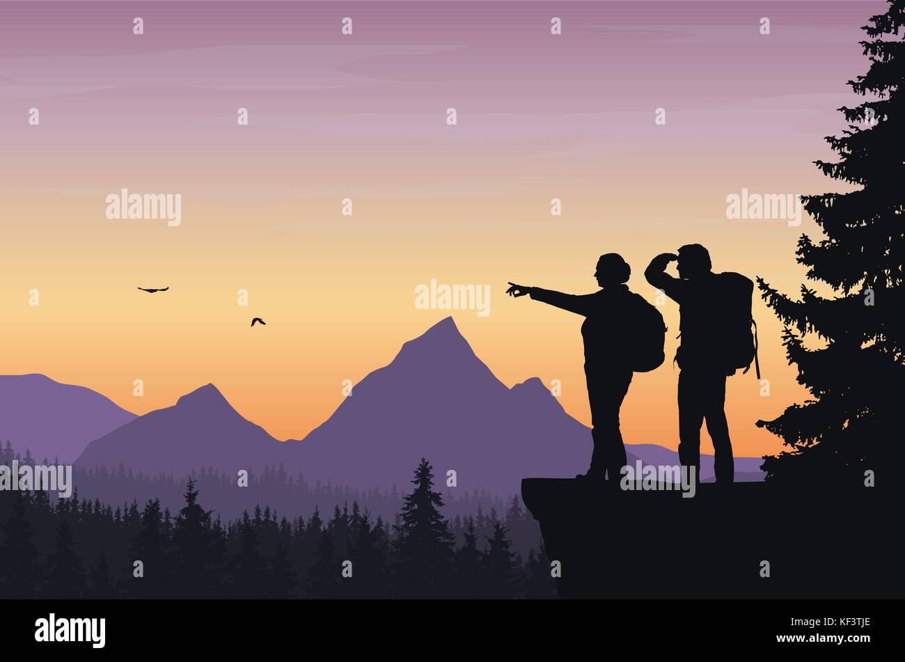 Vector Illustration einer Berglandschaft mit einem Wald und zwei Touristen, Mann und Frau, mit Rucksäcken seine Hand zeigen und schauen in die Distanc Stock Vektor