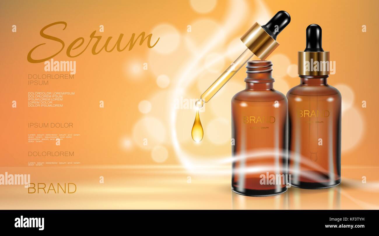 Realistische 3D-Glasflasche serum Wesen. kosmetische ad Schablone für Werbeaktion natürliches Öl vitamin Tropfen Tropfen beige Golden defokussierten Hintergrund boceh Vector Illustration Stock Vektor
