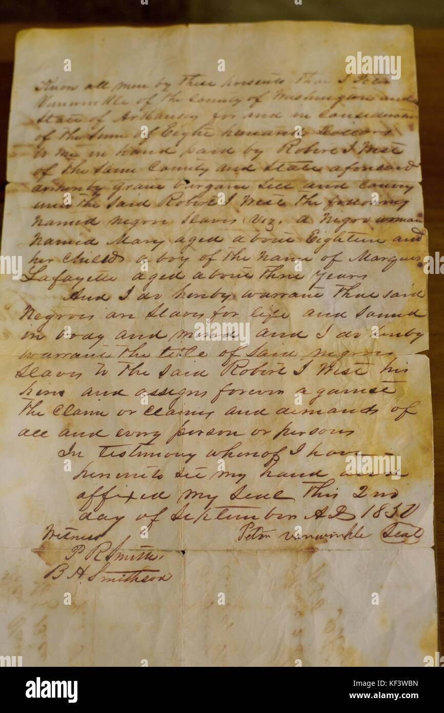 Eine Rechnung für den Verkauf von Sklaven am Silo Museum von Ozark Geschichte in Springdale, Arkansas, USA. Stockfoto