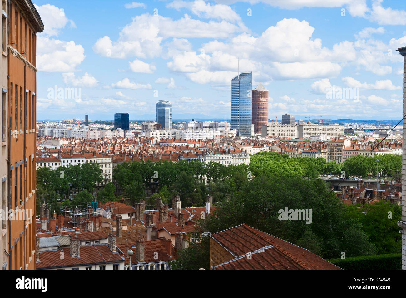 Lyon und die Rhône gesehen von La Croix Rousse, Bellevue Square, Rhône-Alpes, Frankreich Stockfoto
