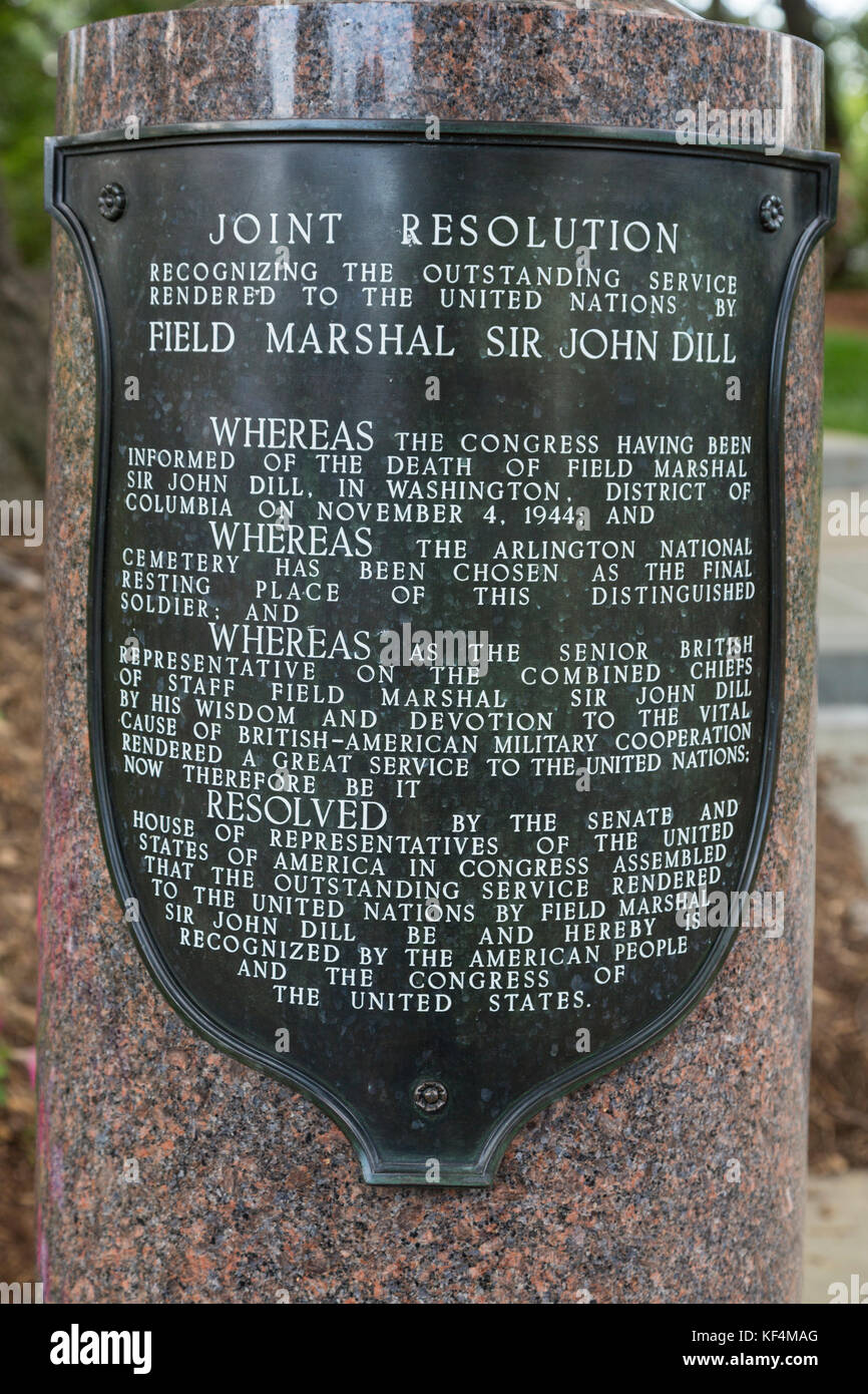 Arlington National Cemetery, Arlington, Virginia, USA. Gemeinsame Kongressresolution in Anerkennung von Feldmarschall Sir John Dill. Stockfoto