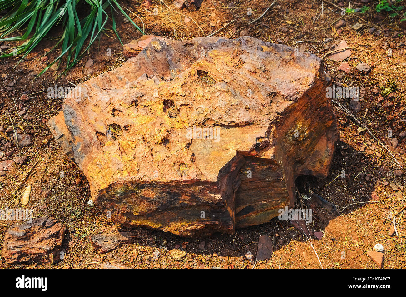Ein großes Stück von Eisenerz auf dem Boden. Big heavy rock von Erz mit goldenen Tönen. Rock aus der Region Petropolis in Brasilien. Stockfoto