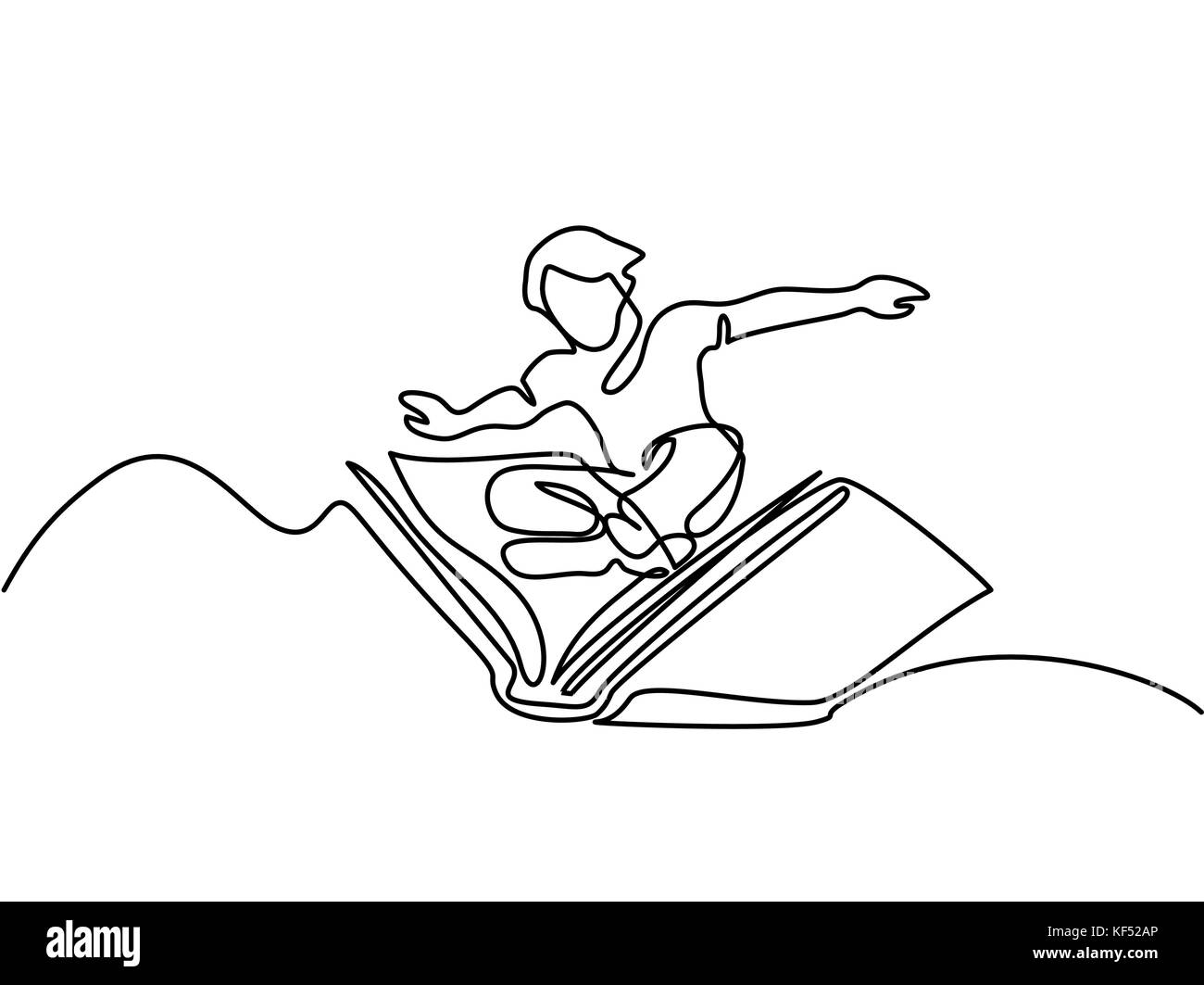 Kleiner Junge fliegen mit dem Buch in den Himmel. Vector Illustration. kontinuierliche Linie zeichnen Stock Vektor