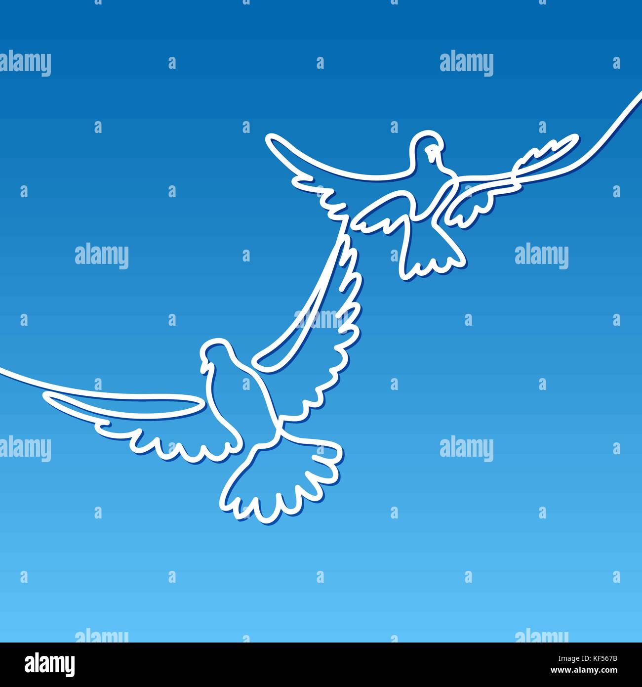 Kontinuierliche eine Strichzeichnung. fliegen zwei Tauben Logo. Weiß auf Blau verlaufshintergrund Vector Illustration. Konzept für Logo, Karte, Banner, Poster, f Stock Vektor