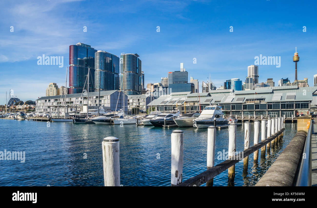 Australien, New South Wales, Sydney, Pyrmont Bay, Blick auf Sydney Wharf und die barangaroo International Towers Stockfoto