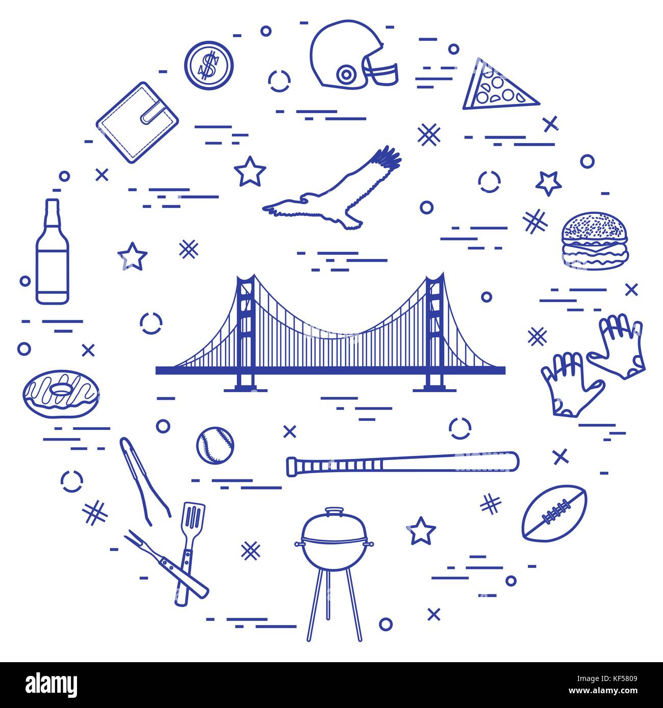 Symbole der USA: Golden Gate, Hängebrücke und Soaring Eagle, Whiskey, Donut, Portemonnaie, Dollar, Helm und Handschuhe für American Football, der Hamburger a Stock Vektor