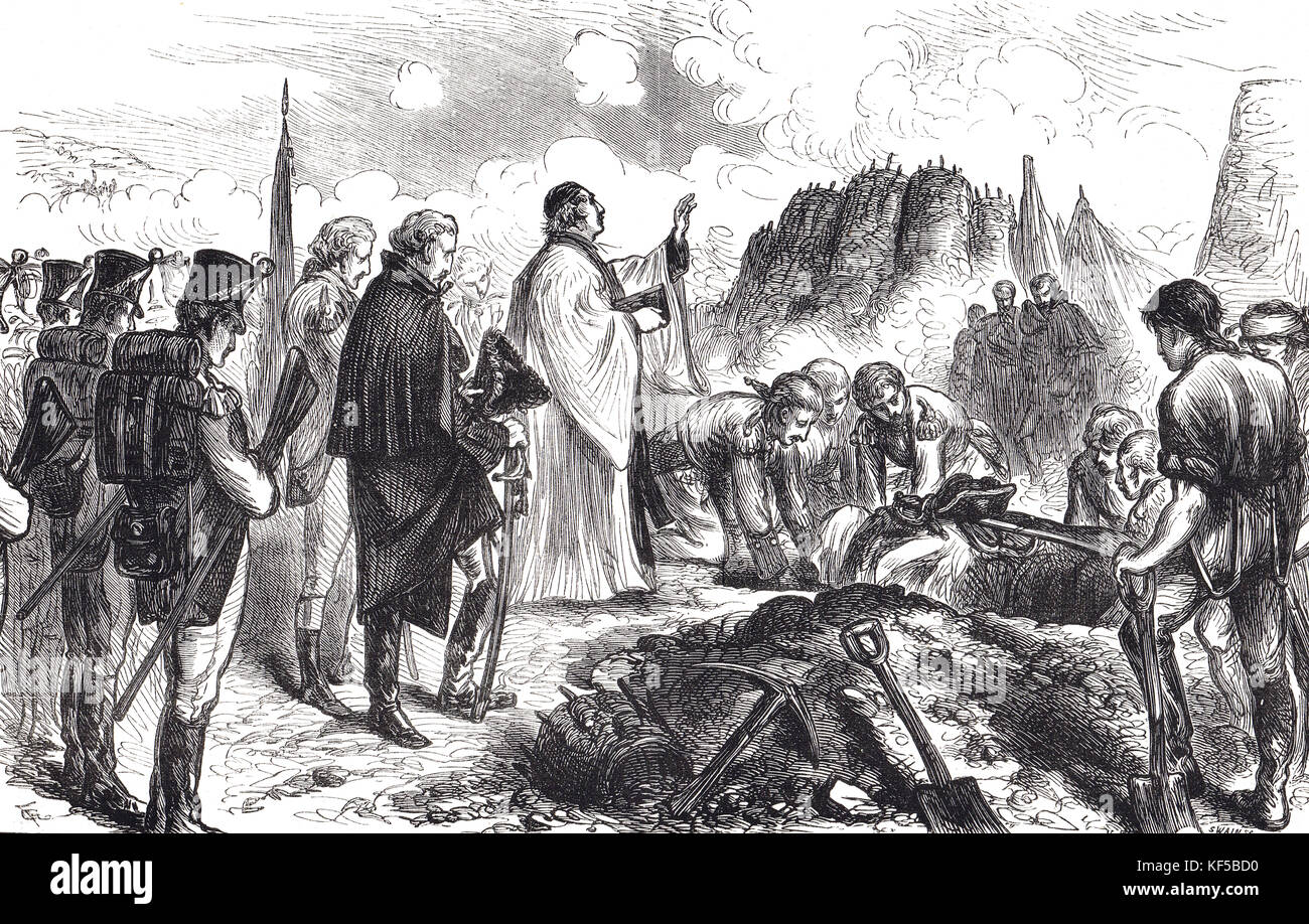 Beerdigung von Simon Fraser, 7. Oktober 1777, Einem britischen General während des Amerikanischen Unabhängigkeitskrieges, der in der Schlacht von Bemis Heights während des Saratoga-Feldzugs getötet wurde, erschossen durch den US-amerikanischen Schützen Timothy Murphy Stockfoto