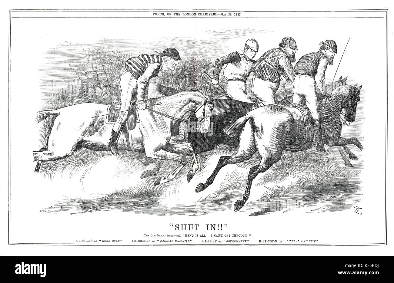 Gladstone auf der Hausregel, verschlossen. 1887 Punch Cartoon Horse Racing Analogie zeigt Politiker als Jockeys, die auf den Spilt der Liberalen Partei von 1886 verweisen. Stockfoto