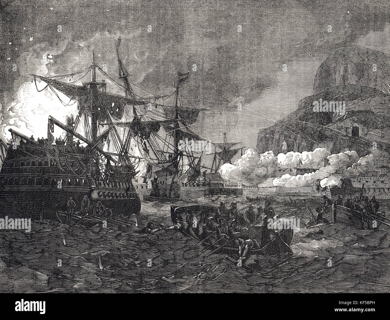 Große Belagerung von Gibraltar, 1779-1783. Die spanischen Schiff San Miguel, von der Garnison am 10. Oktober 1782, die während der großen Angriff. Stockfoto