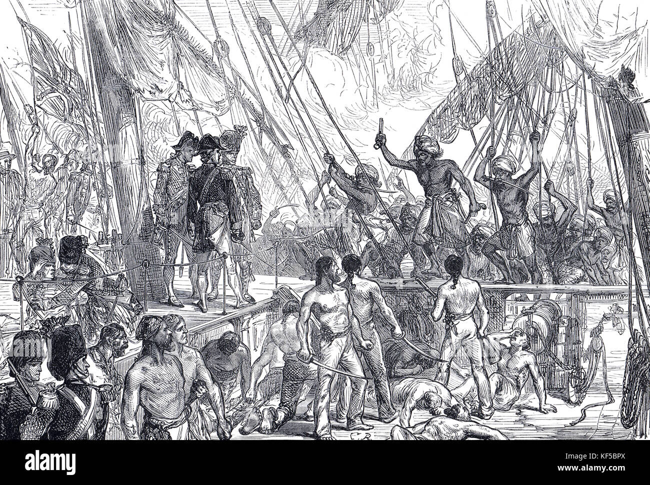 Seeschlacht mit Mahrattas (Maratha-Flotte). Die Eroberung des Schiffes Ranger der East India Company am 5. April 1783 War Ein Verstoß gegen den Vertrag von Salbai, der den ersten Anglo-Maratha-Krieg beendete. Stockfoto