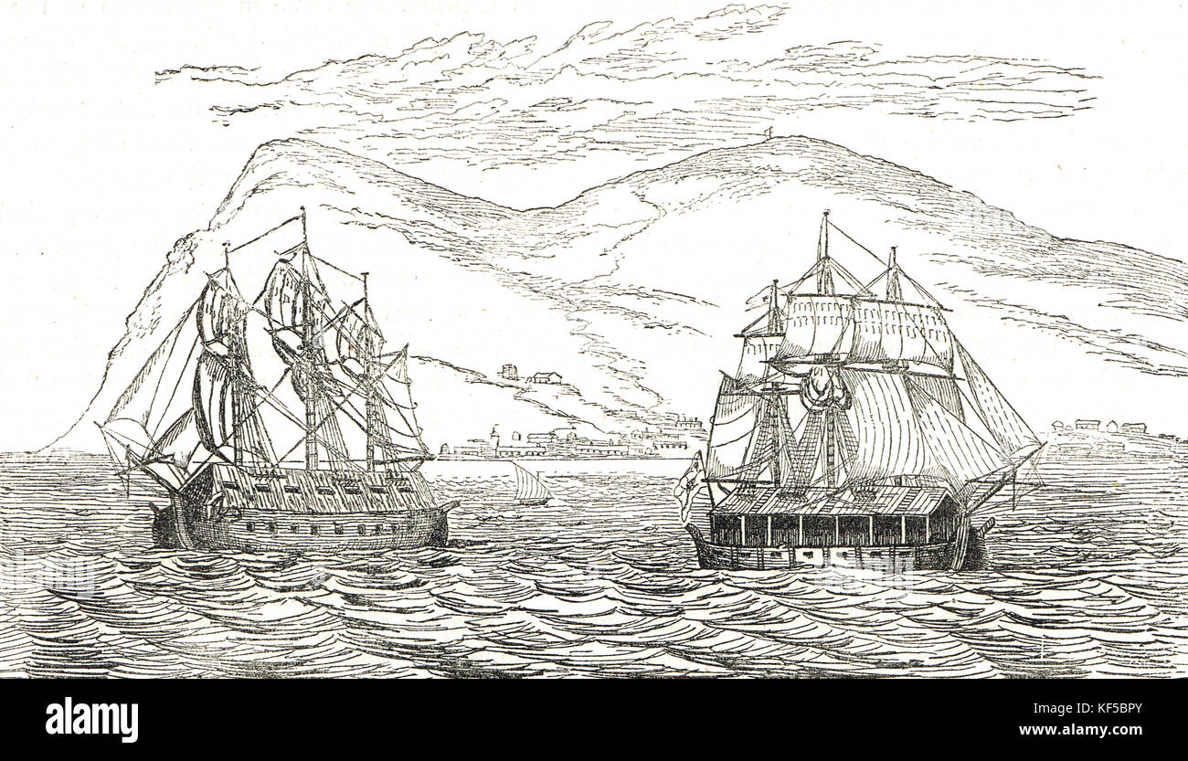 Spanier schlagen Schiffe vor dem Felsen von Gibraltar, große Belagerung von Gibraltar, 1779-1783 Stockfoto