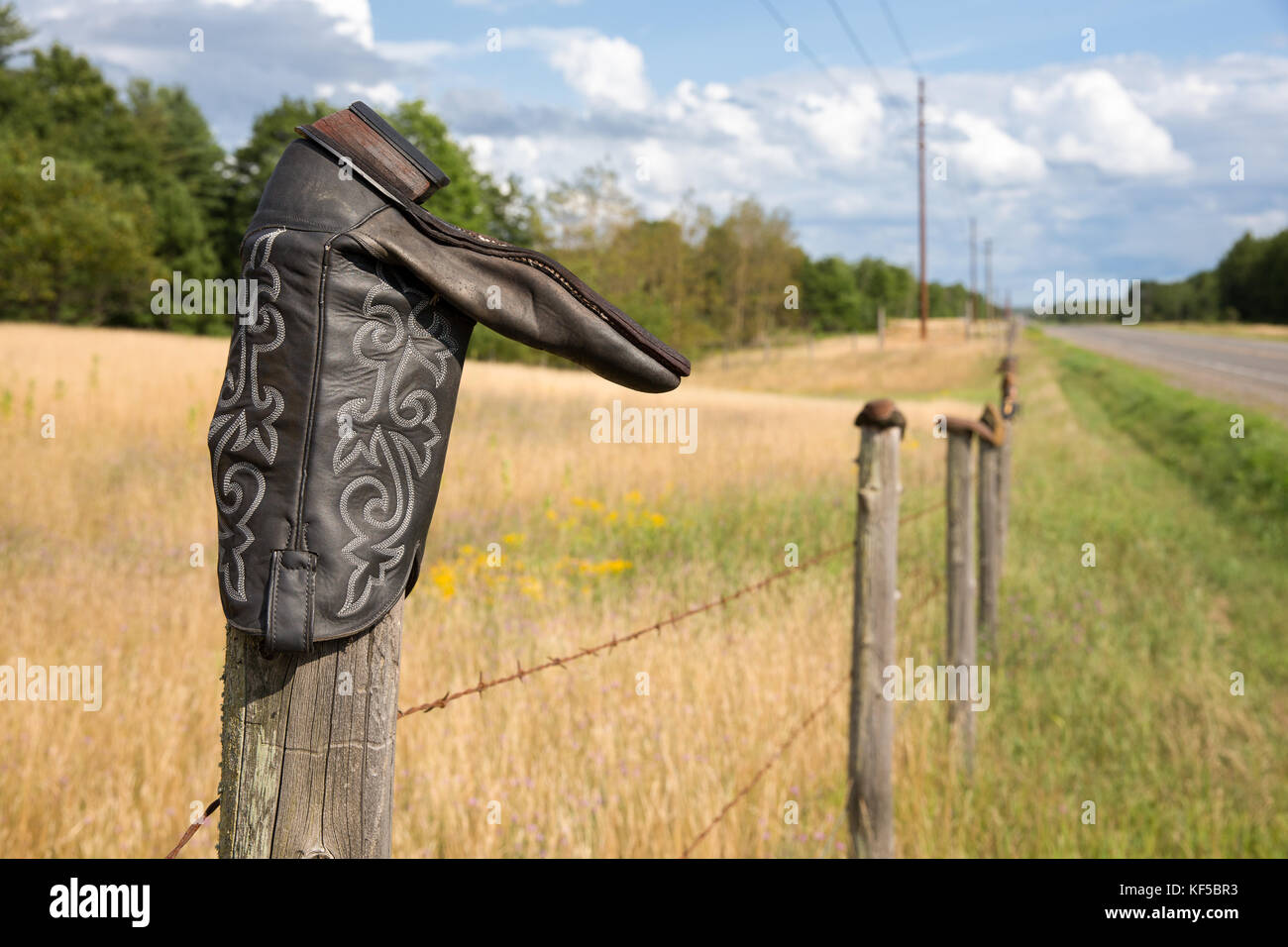 Cowboy boot auf einem Stacheldrahtzaun post. Konzepte der ländlichen Kultur, die Traditionen, die westliche Leben, Humor, andere schließen könnte. Stockfoto