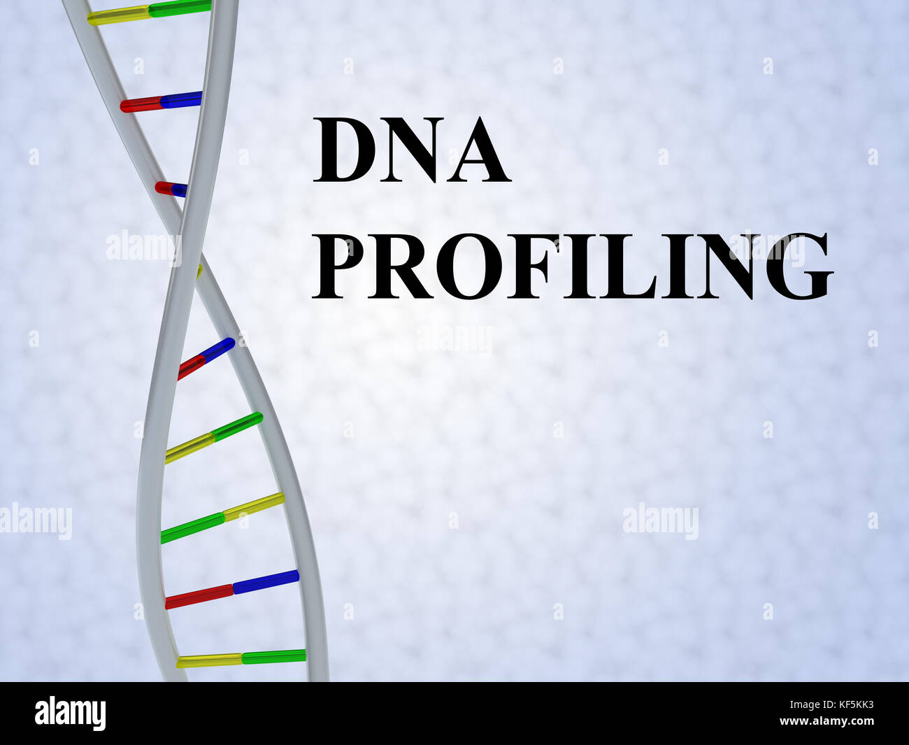 3D-Illustration eines DNA-PROFILS mit DNA-Doppelhelix, isoliert auf farbigem Muster. Stockfoto