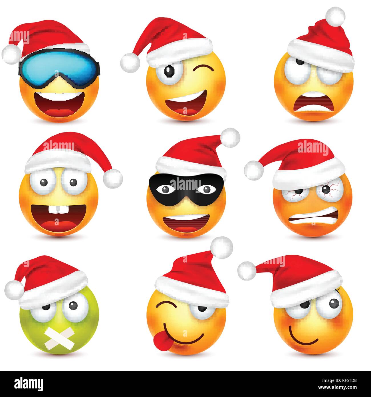 Smileys, Emoticons. gelbes Gesicht mit Emotionen und Weihnachten hat. Neues Jahr, Santa. Winter emoji. Traurig, glücklich, wütend Gesichter. lustige Cartoon Charakter. Stimmung. Vektor. Stock Vektor