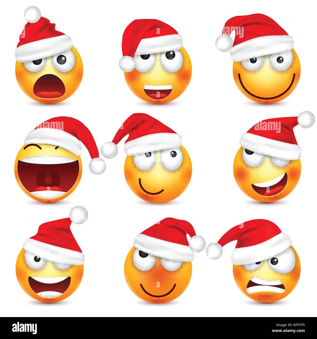 Smileys, Emoticons. gelbes Gesicht mit Emotionen und Weihnachten hat. Neues Jahr, Santa. Winter emoji. Traurig, glücklich, wütend Gesichter. lustige Cartoon Charakter. Stimmung. Vektor. Stock Vektor