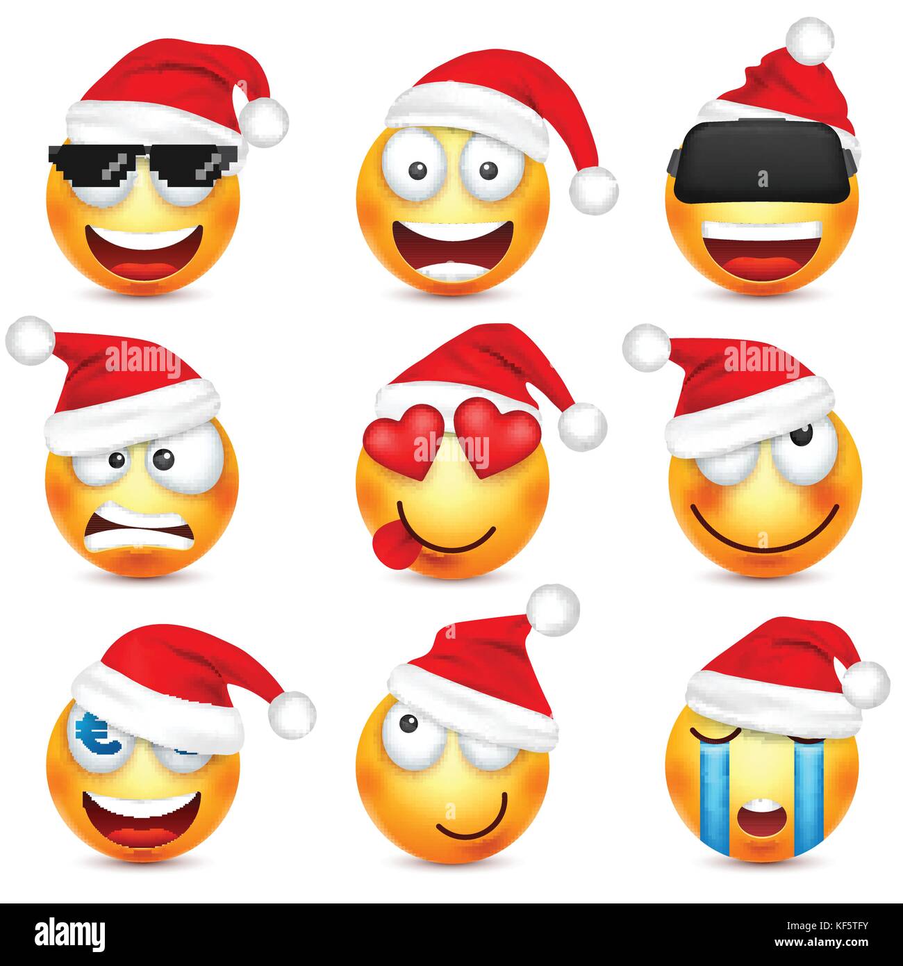 Smileys, Emoticons. gelbes Gesicht mit Emotionen und Weihnachten hat. Neues Jahr, Santa. Winter emoji. Traurig, glücklich, wütend Gesichter. lustige Cartoon Charakter. Stimmung. Vektor. Stock Vektor