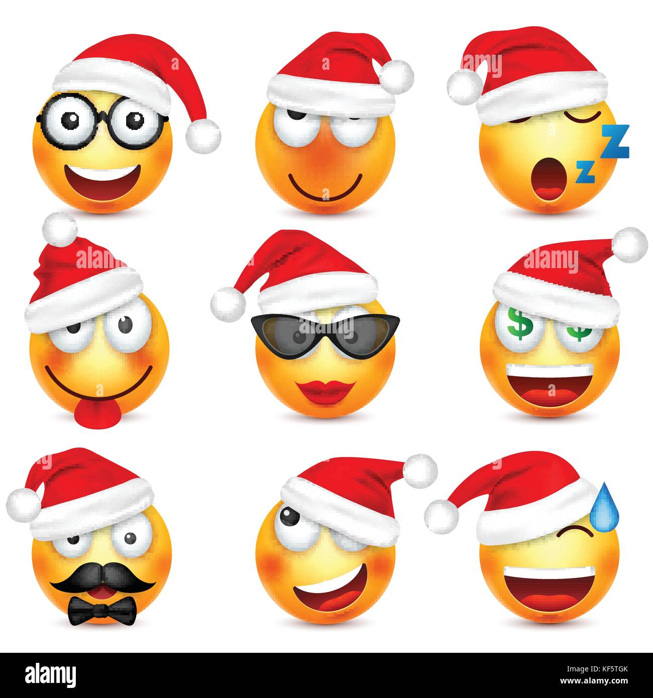 Smileys, Emoticons. gelbes Gesicht mit Emotionen und Weihnachten hat. Neues Jahr, Santa. Winter emoji. Traurig, glücklich, wütend Gesichter. lustige Cartoon Charakter. Stimmung. Vektor. Stock Vektor