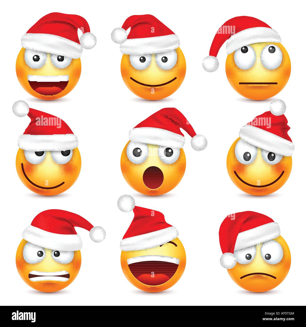 Smileys, Emoticons. gelbes Gesicht mit Emotionen und Weihnachten hat. Neues Jahr, Santa. Winter emoji. Traurig, glücklich, wütend Gesichter. lustige Cartoon Charakter. Stimmung. Vektor. Stock Vektor