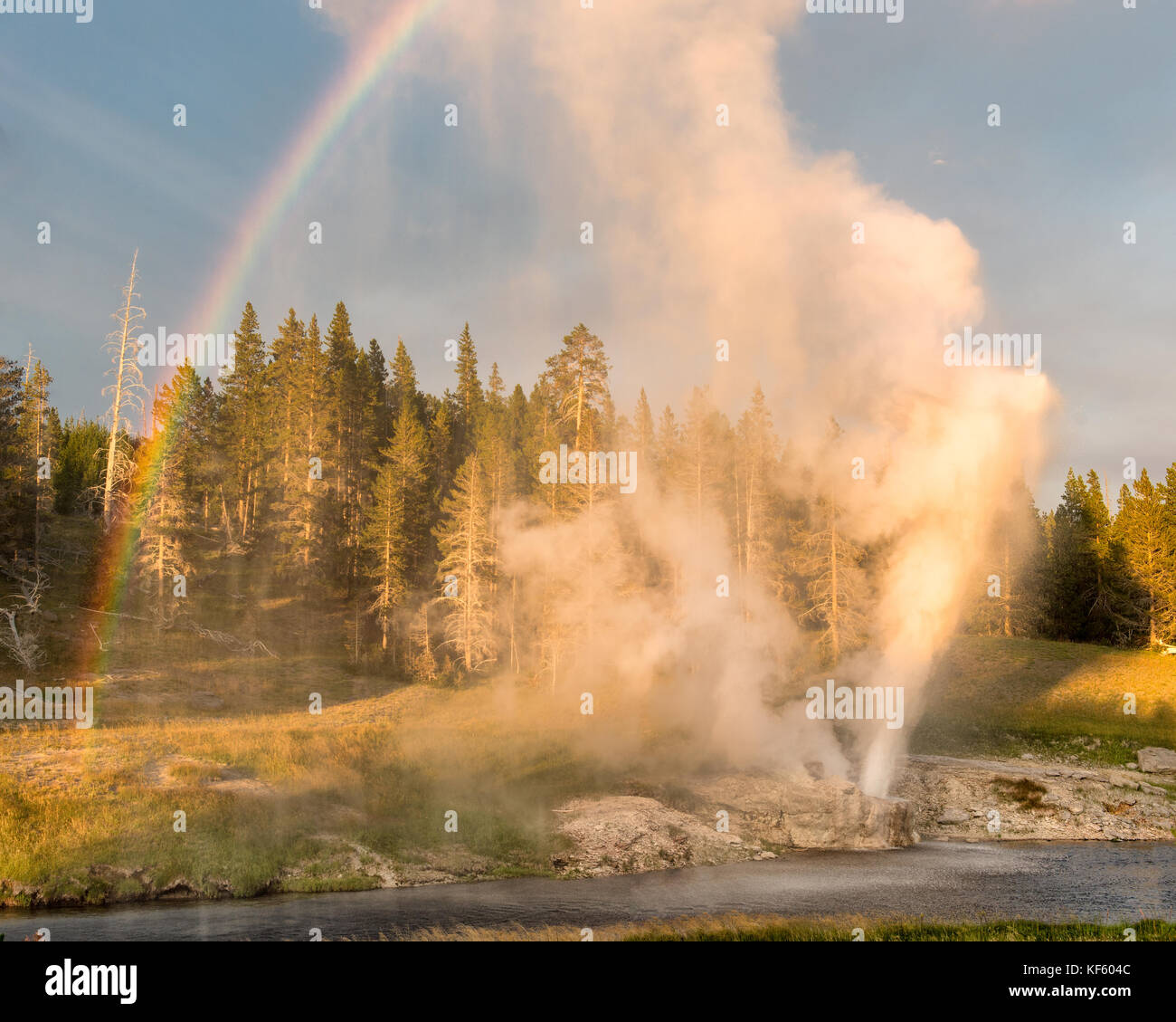Riverside geyser in der Dämmerung im Yellowstone National Park ausbrechenden, Wyoming Stockfoto