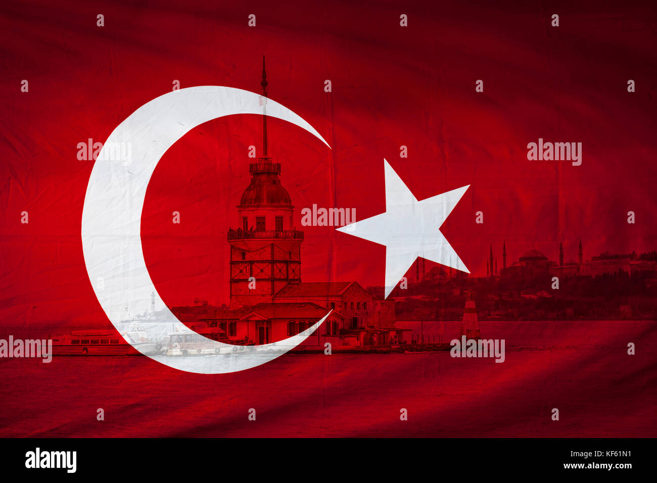 Türkische Flagge mit Blick auf die Istanbuler maidens Tower in backgrou Stockfoto