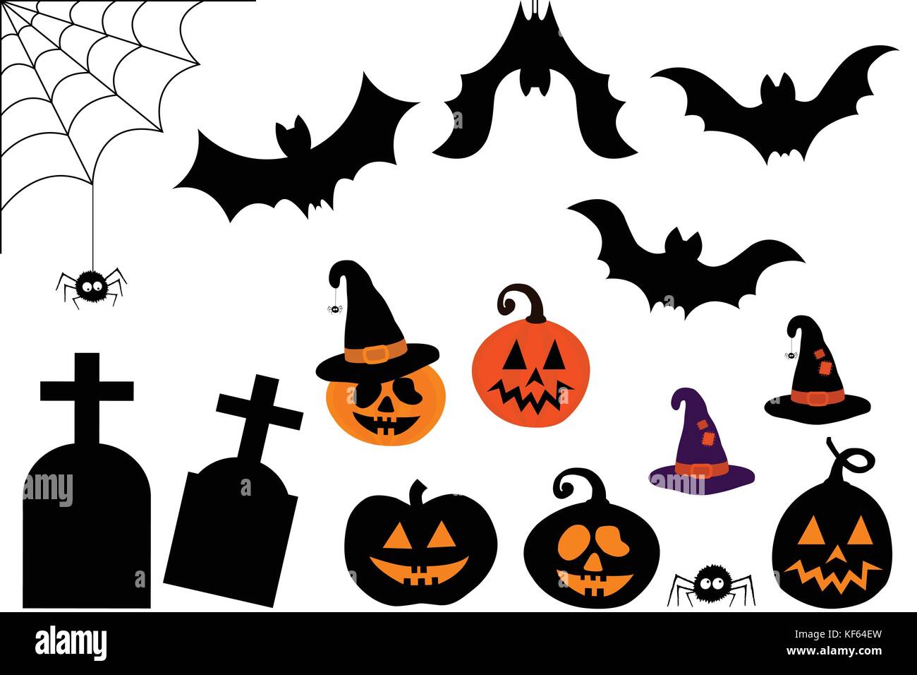 Set von Vektor-Icons und Bilder von Fledermäusen und Kürbissen mit Hut und Spinne auf Netz und Grabsteine isoliert auf weißem Hintergrund, geeignet für Halloween ca. Stock Vektor