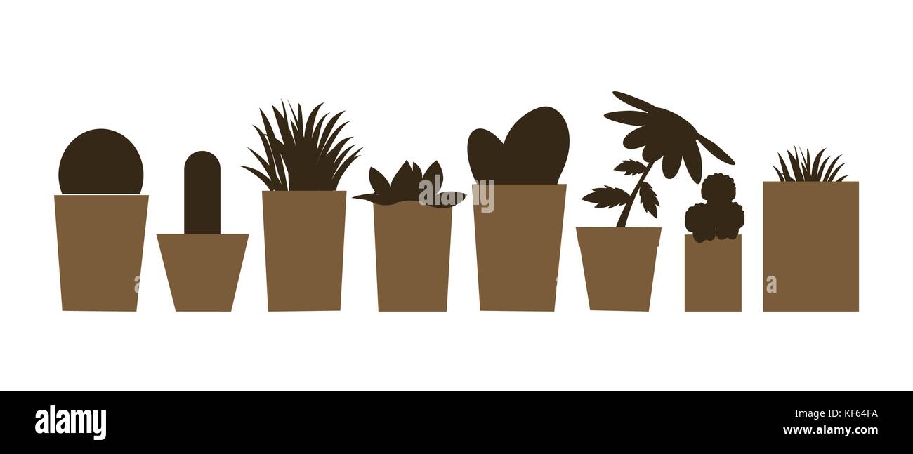Satz von Vektorgrafiken und Silhouetten der Blumentöpfe mit Kakteen und Pflanzen auf weißem Hintergrund Stock Vektor