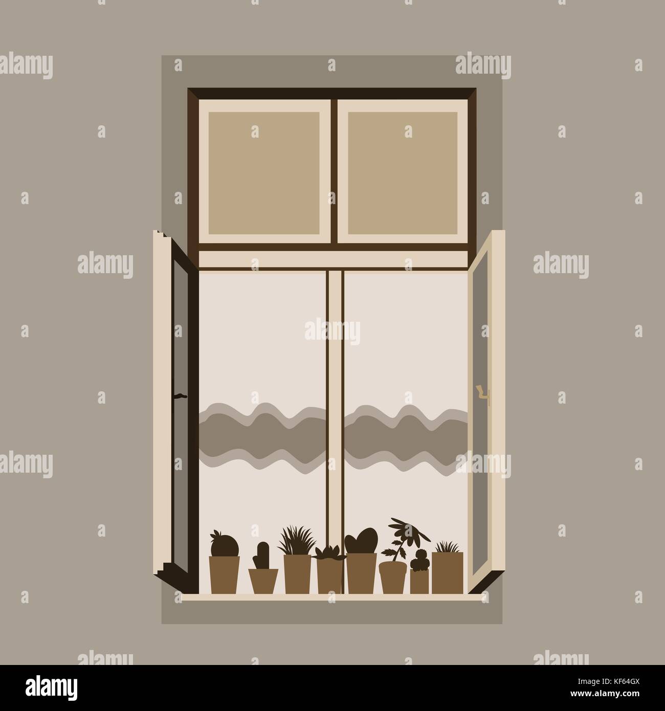 Vektor-Illustration eines offenen Holzfensters mit Vorhang und Blumentöpfe mit Pflanzen Stock Vektor