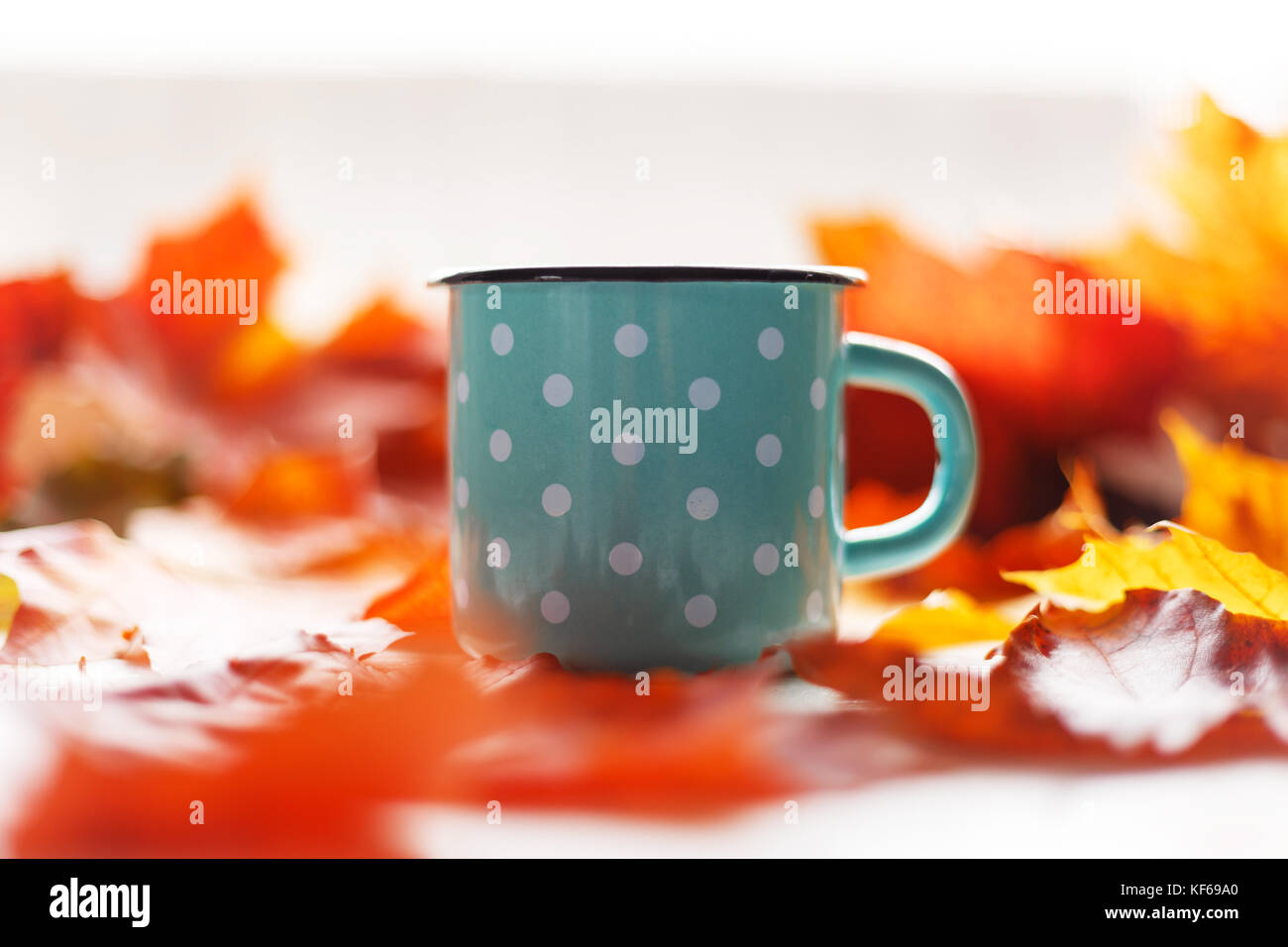 Herbstliche Stimmung. Laub und ein rustikales Becher mit warmen Tee Stockfoto