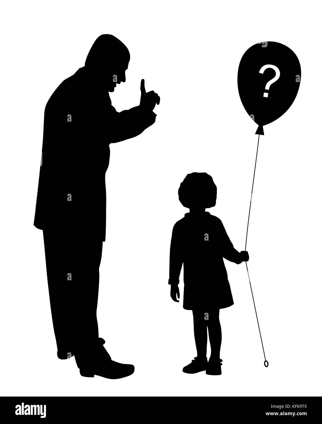 Vater schimpft. Kind nicht verstehen und hält Ballon mit Fragezeichen. Stockfoto