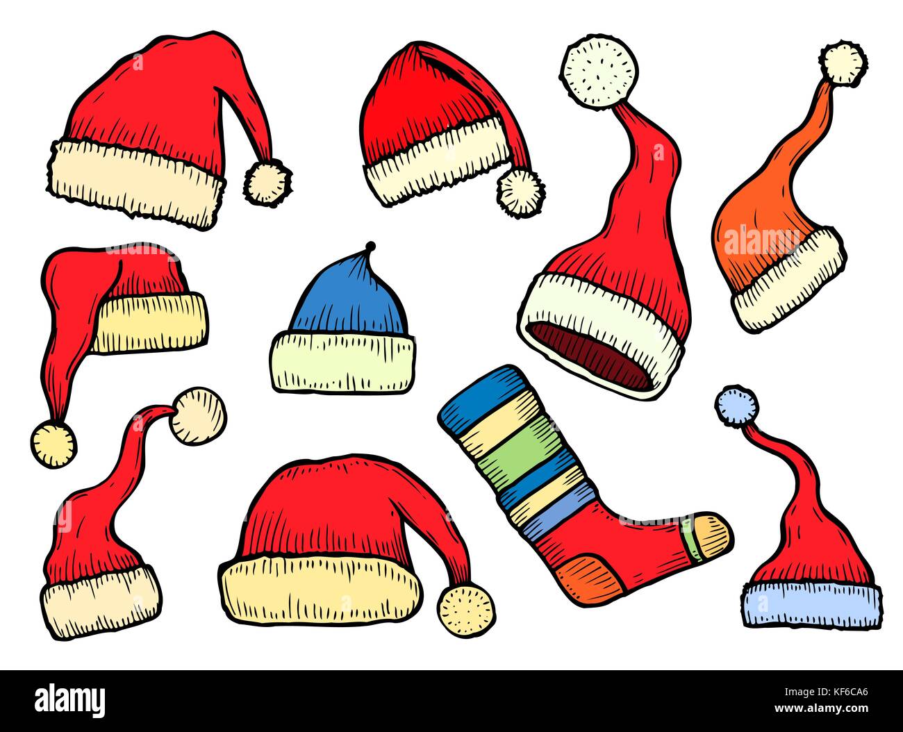 Winterkleidung. Santa stocking Cap. gestrickte Mützen und Schals. Stock Vektor