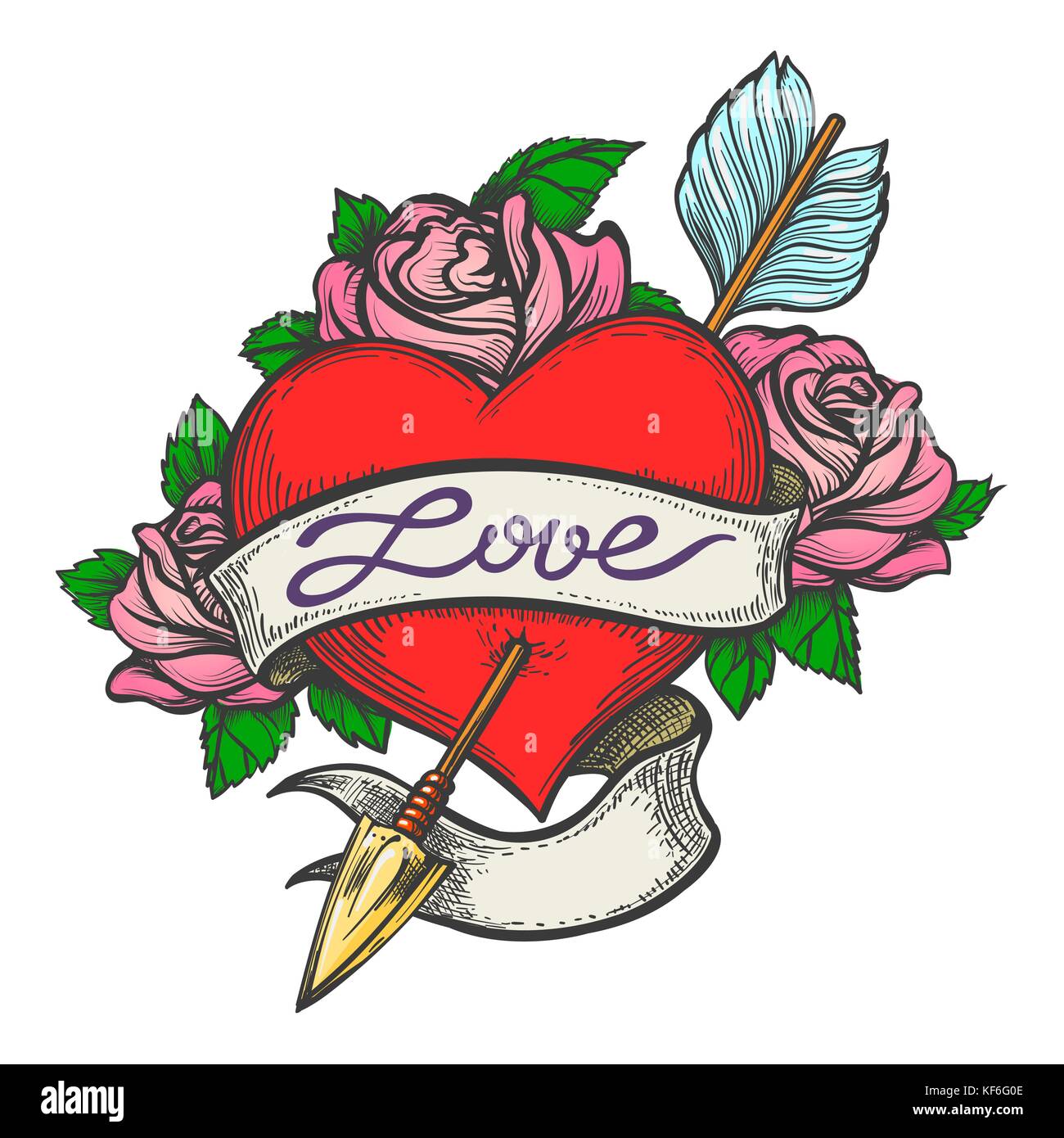 Herz mit Pfeil mit Band und handgefertigten Schriftzug Liebe in Tattoo Art gezeichnet durchbohrt. Vector Illustration Stock Vektor