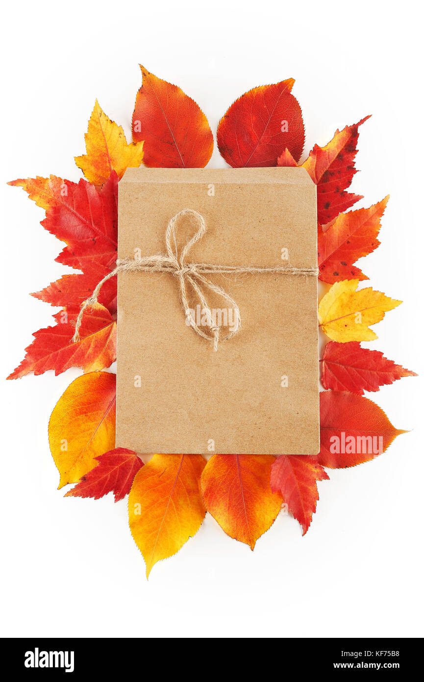 Kraftpapier Umschlag flach auf roten und gelben Blätter im Herbst auf weißem Hintergrund legen. Ansicht von oben. Stockfoto