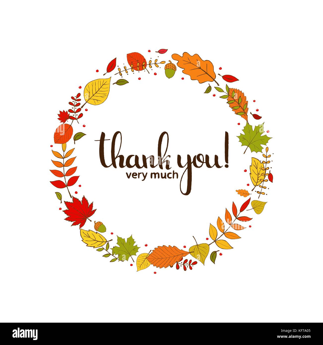 Vielen Dank handschriftliche Schriftzug. Happy Thanksgiving Day. Moderne vektor Hand gezeichnet Kalligraphie mit Herbstlaub dekorativen Kranz Stock Vektor