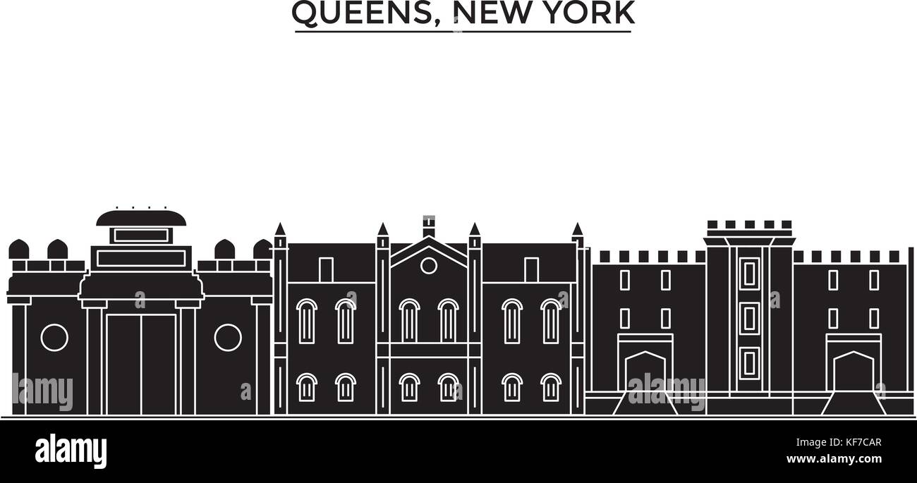 Usa, Queens, New York, Architektur vektor Skyline der Stadt, Reisen Stadtbild mit Sehenswürdigkeiten, Gebäuden, isolierte Sehenswürdigkeiten auf Hintergrund Stock Vektor