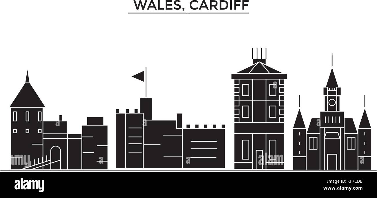 Wales, Cardiff Architektur vektor Skyline der Stadt, Reisen Stadtbild mit Sehenswürdigkeiten, Gebäuden, isolierte Sehenswürdigkeiten auf Hintergrund Stock Vektor