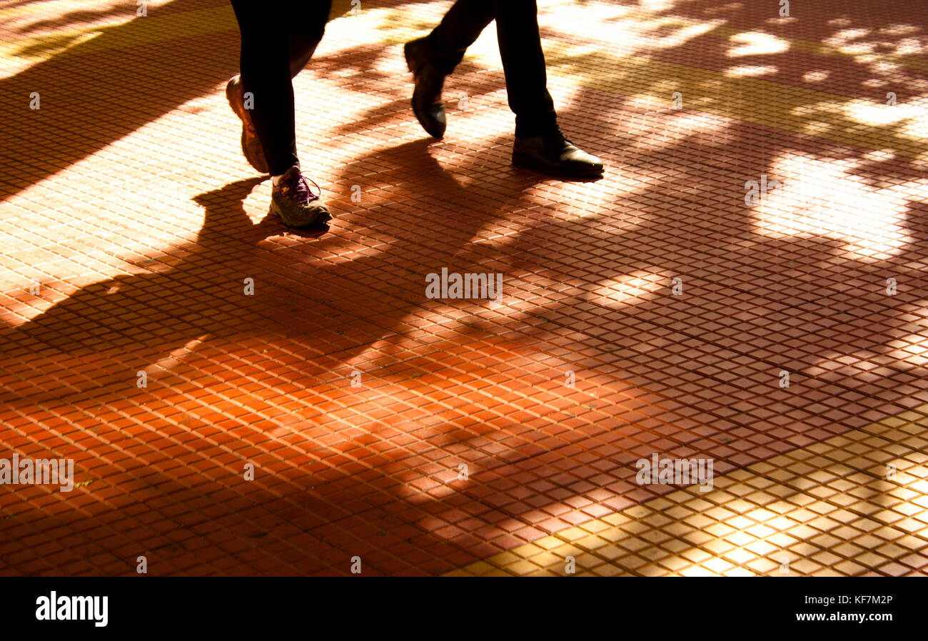 Schatten und Silhouetten von zwei Menschen zu Fuß in motion blur und Bäume im Herbst Sonnenuntergang Sonnenlicht auf Stadt Straße Bürgersteig Stockfoto