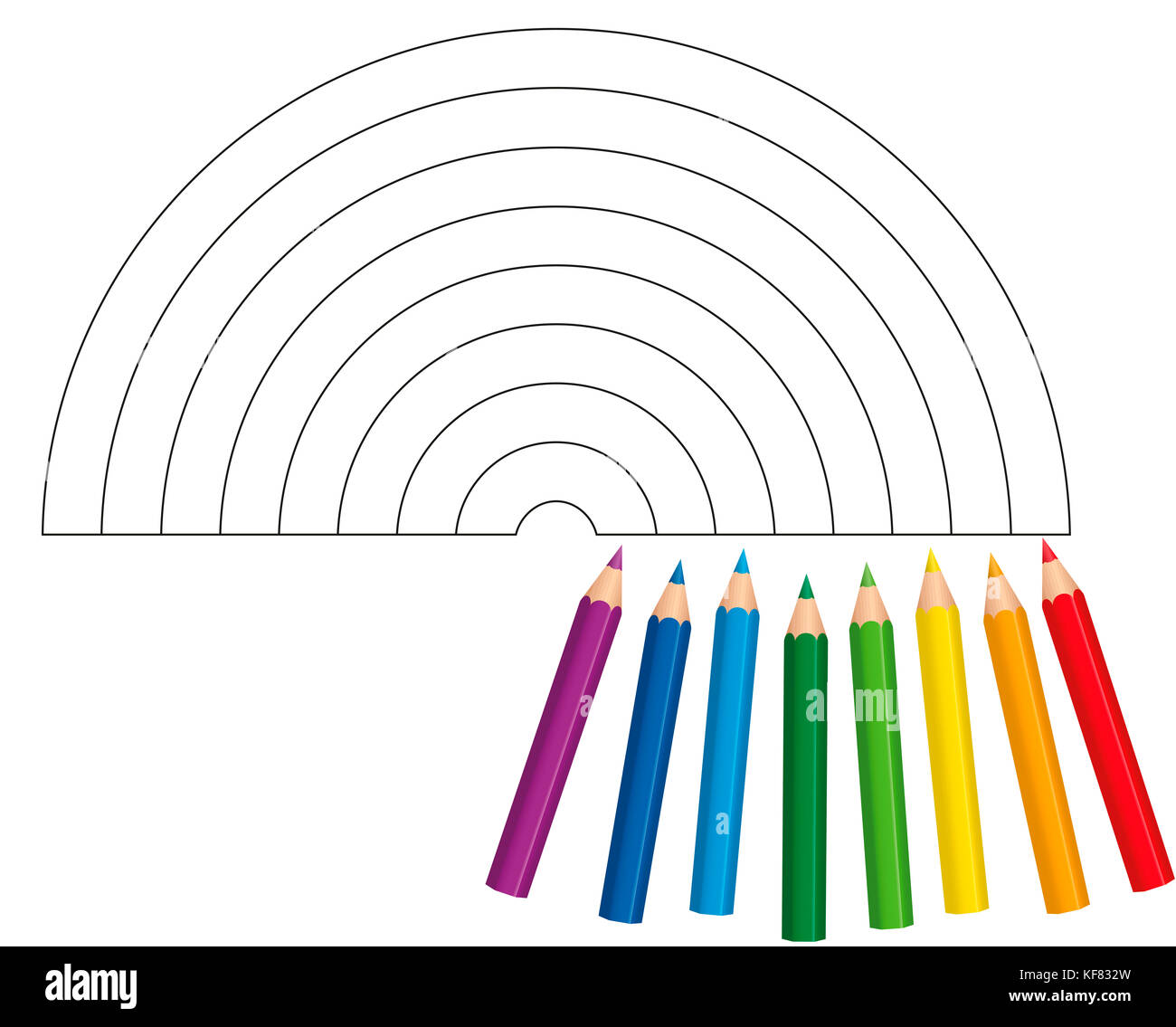 Färbung Bild mit acht kurze baby Buntstifte, die zeigen, welche Farben für einen hell und glänzend Regenbogen verwendet werden - Abbildung auf weißem Hintergrund. Stockfoto