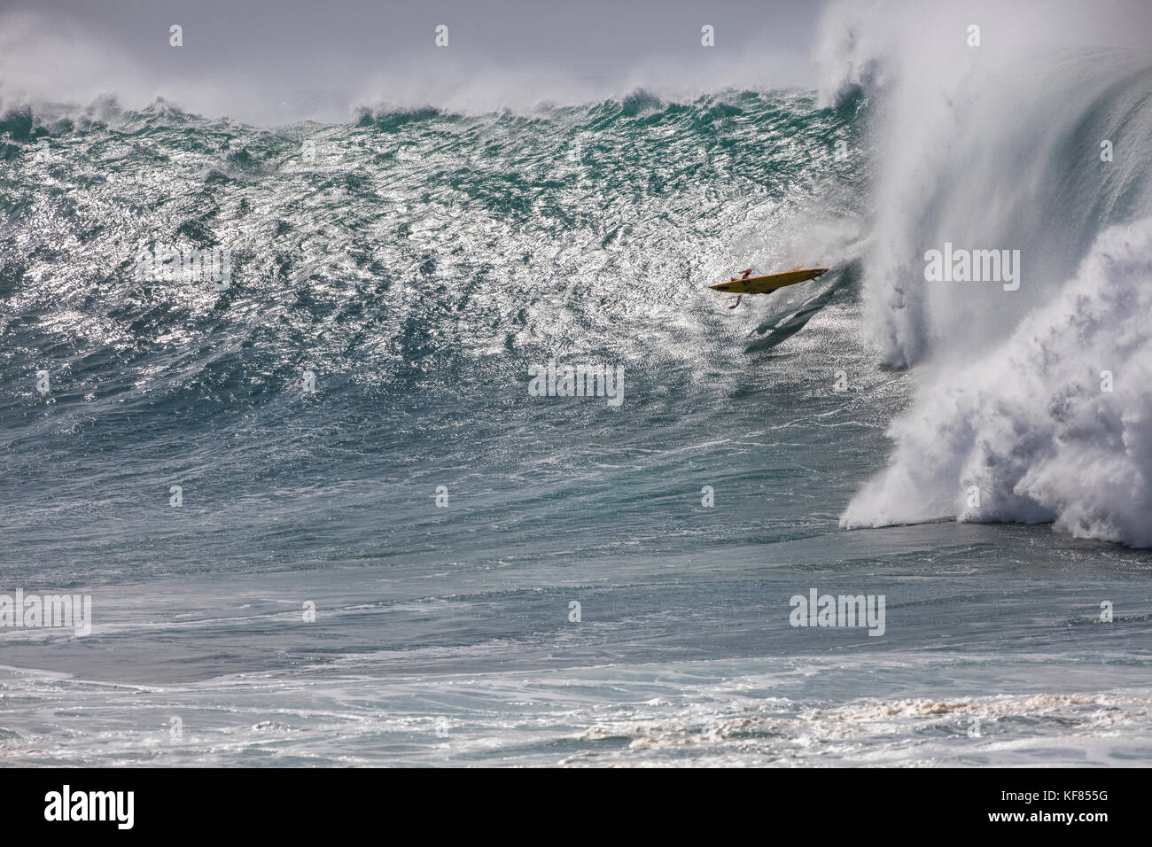 Hawaii, Oahu, North Shore, Eddie Aikau, 2016, Surfer tilgt in der Eddie Aikau Big Wave surfen 2016 Wettbewerb, Waimea Bay Stockfoto